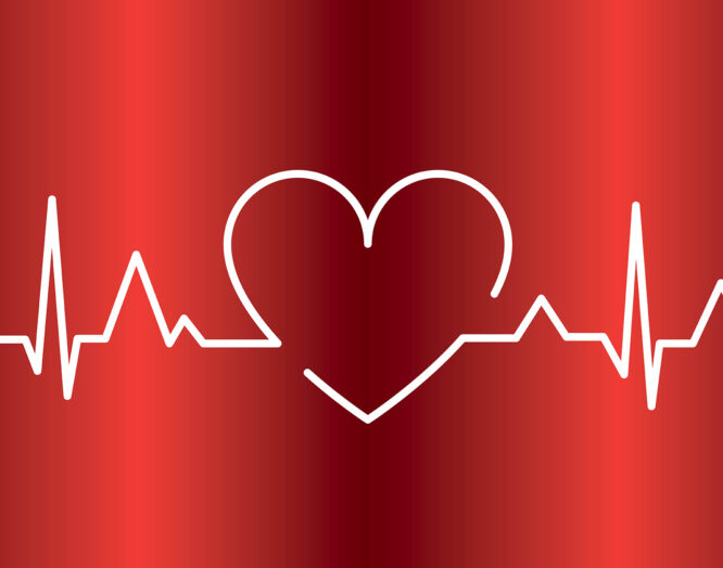 Herzschrittmacher-Operation: Eine weisse Linie auf rotem Grund stellt Herschläge und ein Herz dar.