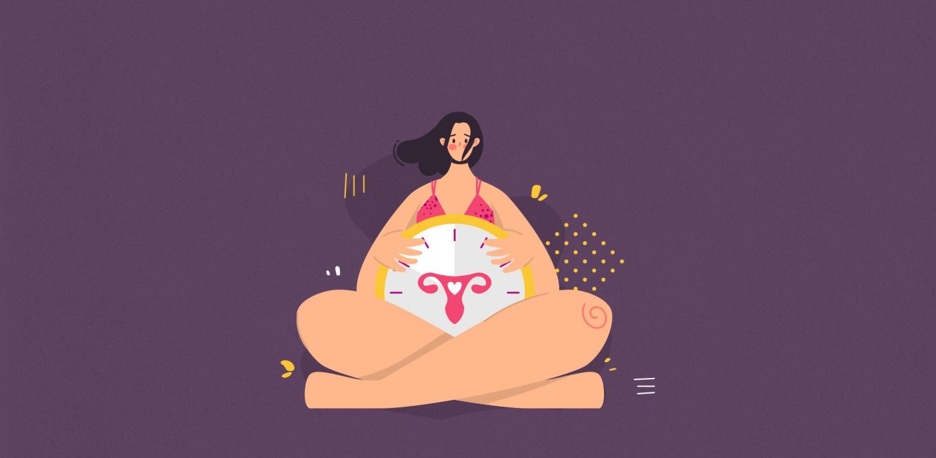 Illustration einer Frau, sie hält eine Uhr mit einer Gebärmutter vor sich.