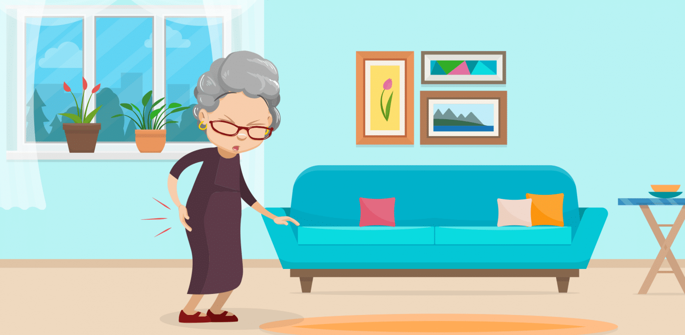 Hüftarthrose: Illustration einer älteren Frau mit Hüftschmerzen