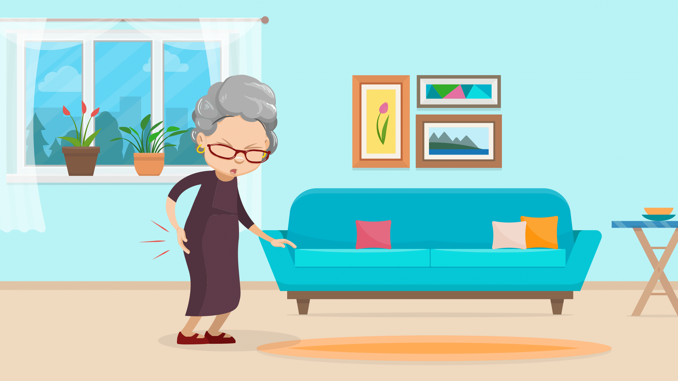 Hüftarthrose: Illustration einer älteren Frau mit Hüftschmerzen