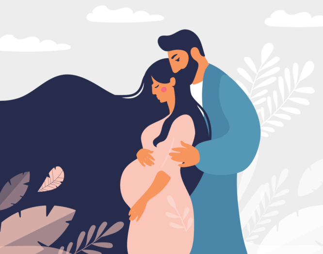 Illustration einer schwangeren Frau mit einem Mann, der sie umarmt