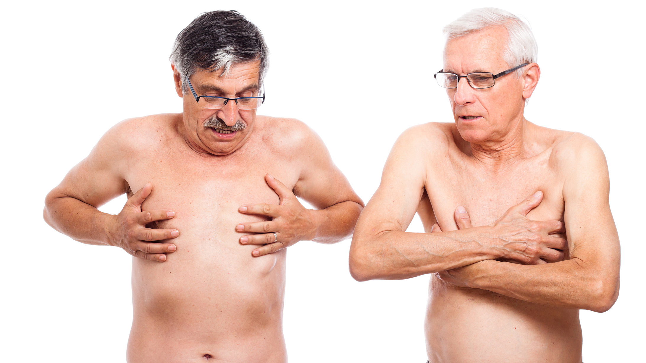 Brustkrebsrisiko: Zwei Männer verdecken ihre Brust mit den Händen