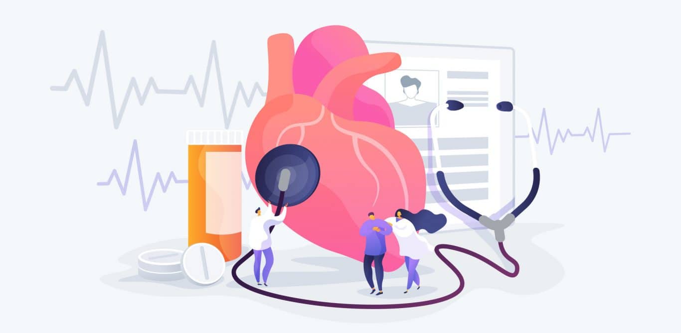 Illustration eines Herzens mit EKG und anderen Untersuchungen, Ärzten und einem Stethoskop