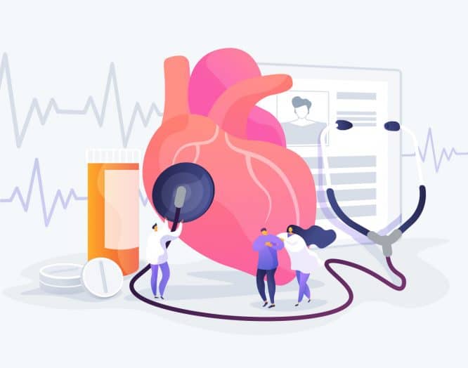 Illustration eines Herzens mit EKG und anderen Untersuchungen, Ärzten und einem Stethoskop
